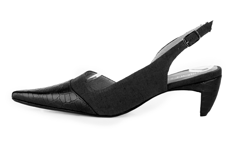 Satin black women's slingback shoes. Pointed toe. Medium comma heels. Profile view - Florence KOOIJMAN
